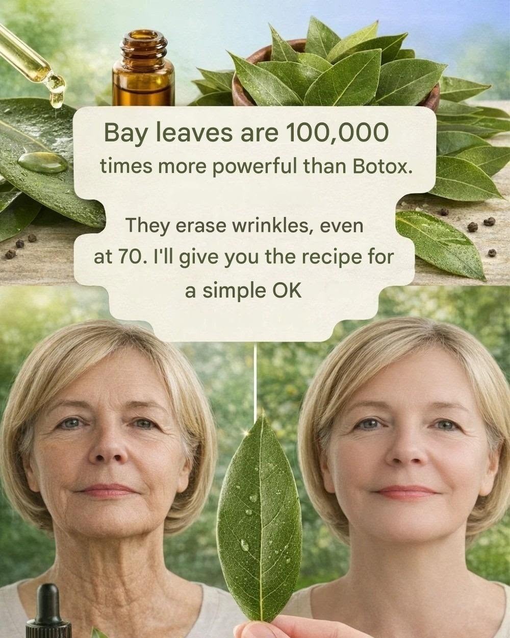 Bay leaves are 100,000 times more potent than Botox. They erase wrinkles, even at 70 years old. Leave an “OK” to see the recipe in the first comment.